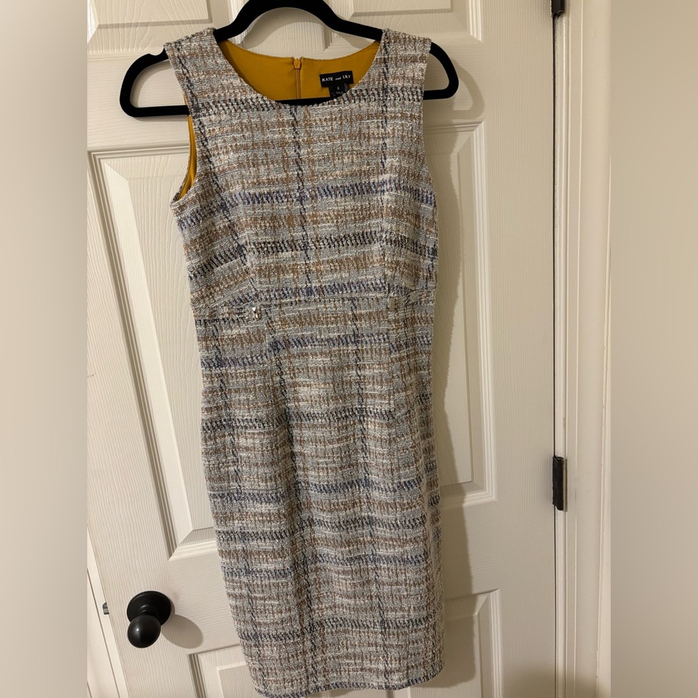 Kate & Lily Tweed Midi Dress in Cream, Gold and Blue Size 4